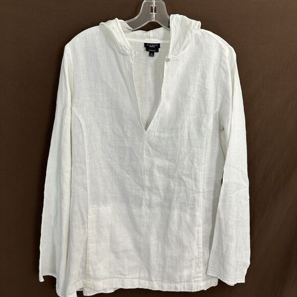 Talbots Womens Irish Linen Hooded Tunic Top MEDIUM White Beach Resort Minimalist - Picture 3 of 9